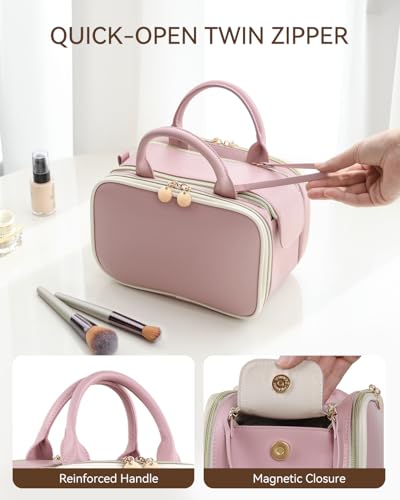 Prite Large Makeup Bag, Waterproof Travel Cosmetic Case with Brush Holder - color: Pink, size: Large