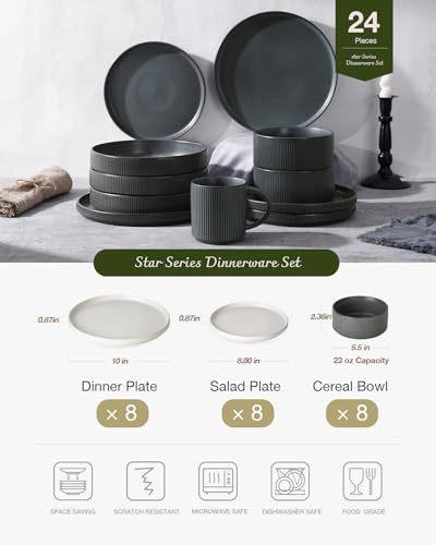 Famiware Star Stoneware Dinnerware Sets for 8, Reactive Glaze Plates, Bowls - color: Matte White & Charcoal