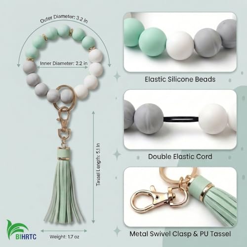 BIHRTC Key Ring Bracelet Car Keychain Holder Wristlet Silicone Women Beaded Bangle Chains - color: 12mm Pink