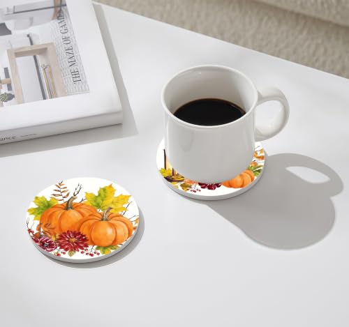 Nikyi 6 Pcs Fall Orange Pumpkin Ceramic Absorbent Coasters, Round Drink Coaster with Metal Holder and Cork Base, for Coffee Table Kitchen Bedroom Living Office Autumn Home Decor or Gifts - color: Fall Orange Pumpkin