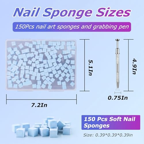 Soft Nail Sponges（150PCS）, Reusable Nail sponges,Nail DIY sponges, Nail Art sponges, 1PCS Grabbing Pen and Nail Brush Professional Accessories Manicure Salon Supplies (Blue) - color: Blue-150Pcs