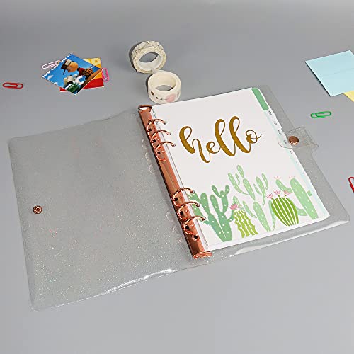 Personal A5 Binder Cover 6-Ring Planner Cover Clear Glitter PVC Refillable Notebook Shell Rose Gold Ring Binder with Snap Button Closure for 6-Ring Planner Loose Leaf Folder - color: Glitter Cover + Rose Gold Binder, size: Personal A5