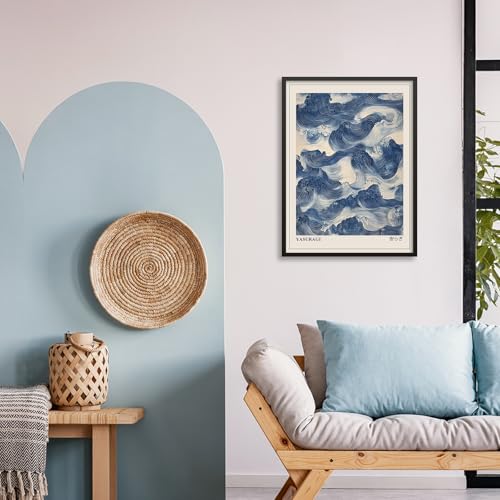 Japanese Blue Waves Wall Art Vintage Oriental Japandi Wabi Sabi Poster 08x10 inch Black Framed Abstract Giant Waves Canvas Prints for Minimalist Living Room Wall Decor - color: Trendy 3-BFramed, size: 10"L x 8"W