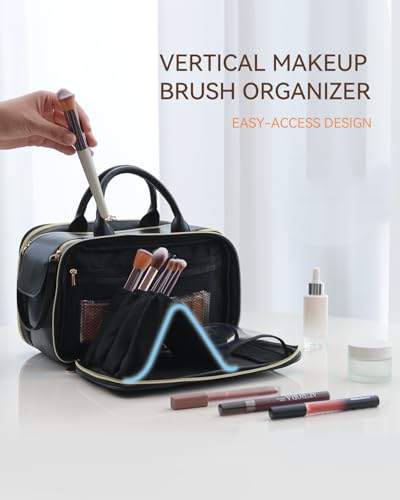 Prite Large Makeup Bag, Waterproof Travel Cosmetic Case with Brush Holder - color: Black, size: Large