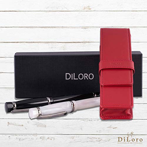 DiLoro Leather Double Pen Case Pencil Pouch Holder for Two Fountain Ballpoint Rollerball Pens and Pencils (Red) - color: Red