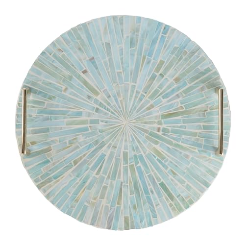 PEMAR Mother of Pearl Decorative Tray, 13" Round with Gold Metal Handles, Vanity/Perfume/Trinket Tray, Catchall for Dresser, Bathroom, Vanity Table (Teal Sunlight) - color: Teal Starburst