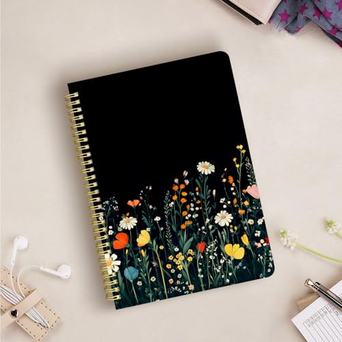 Cute Spiral Notebook Lined Journal B5 Note Book with Pocket, Black - color: Flower Shrub