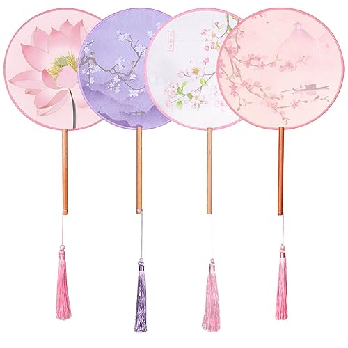 BAOZOON 4 Pcs Silky Translucent Ancient Round Fan Classic Silk Hand Held Fan Floral Pattern Palace Paddle Dance Fan with Tassel Wooden Handle Wedding Favor Gift Home Decor - color: Red