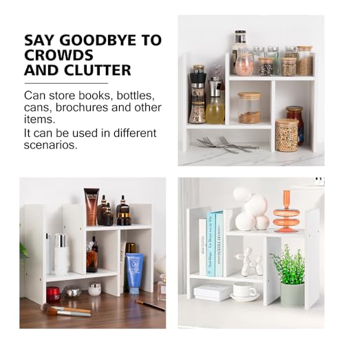 Meikuler Desktop Shelf Organizer, Adjustable Wood Display Desk Shelf, Office Storage Rack Tabletop Bookshelf Multipurpose Shelves for Home Decor, Office, Gifts - color: White