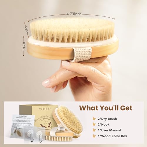 POPCHOSE Dry Brushing Body Brush, 2 Pack Boar Bristle Exfoliating Brush - size: 2 Count (Boar Bristles)