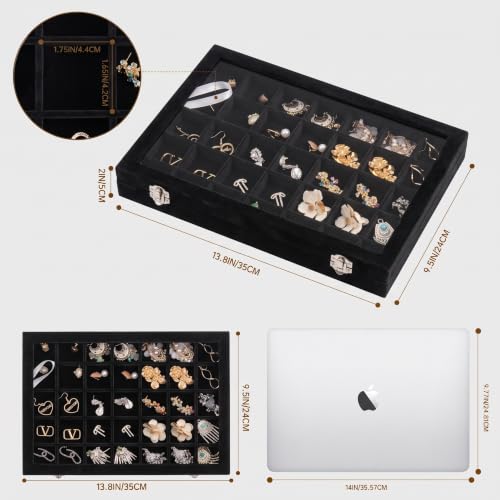 Frebeauty 35 Grid Earring Organizer,Velvet Jewelry Tray with Clear Lid - color: Black, size: 35 Grid