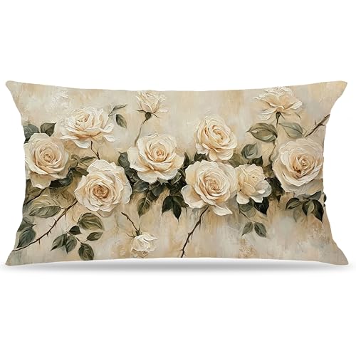French Country Rose Floral Pillow Cover 12x20 Double-Sided, Vintage Cream Flower Decorative Lumbar Throw Pillow Cover for Home Bedroom Living Room - color: A-rose-3, size: 20" x 12" (Pack of 1)