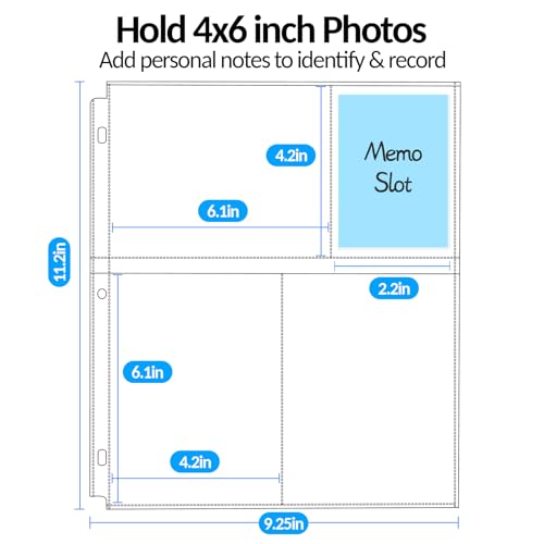 Fabmaker 60 Pack 4x6 Photo Sleeves for 3 Ring Binder, Hold 360 Photos