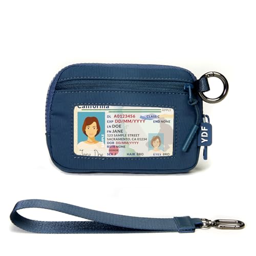 Wristlet Wallet for Women with Clear ID Window, Zip Coin Purse and Keychain - color: Navy Blue