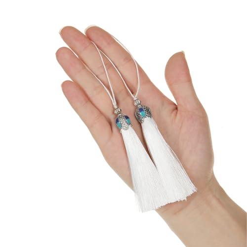20pcs 16cm/6.3inches Vintage Silver Color Bookmark Tassels Silky Handmade Soft Craft Tassels with Loops for Bookmarks, Crafts and Jewelry Making (White) - color: White