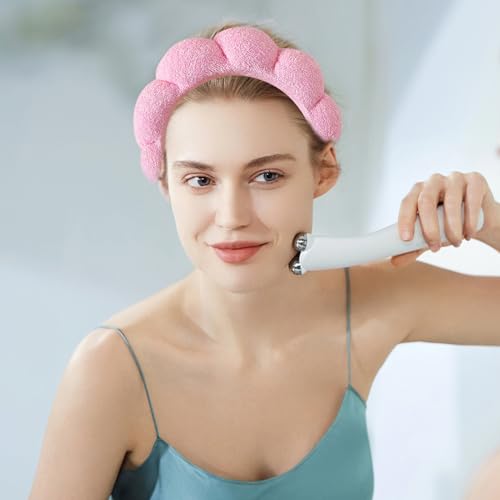Beleki Spa Headband for Washing Face, Pink Sponge Face Wash Headband and Wristband Set for Makeup Skincare Headbands Puffy Non Slip Headwear Hair Accessories for Women Girls - color: Pink