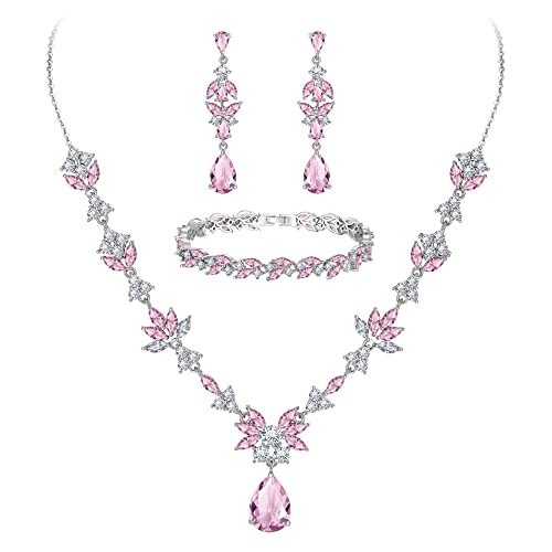 BriLove Wedding Jewelry Set for Women, Y-Necklace Tennis Bracelet Dangle Earrings with AAA Cubic Zirconia Teardrop for Bridal Bridesmaid - color: Pink Silver-Tone