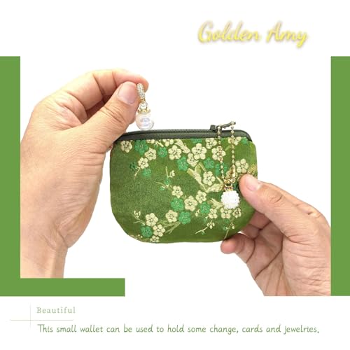 Handmade Women Coin Purse Brocade Rosary Bag Silk Jewelry Pouch Zipper Wallet - Green - color: Green
