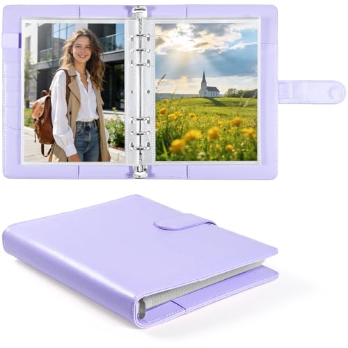 PU Leather A5 Binder, 5x7 Photo Sleeves with 60 Pockets, Secure Top Loading Pages, Refillable Adjustable Album for Keepsakes, Purple - color: Purple