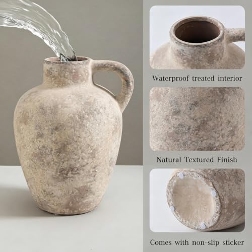Enra Rustic Terracotta Vase with Handle, Textured Ceramic Home Decor - color: Farmhouse-8.85in-3