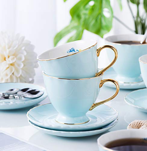 Jusalpha Blue Porcelain Tea Cup and Saucer Set - color: Blue.