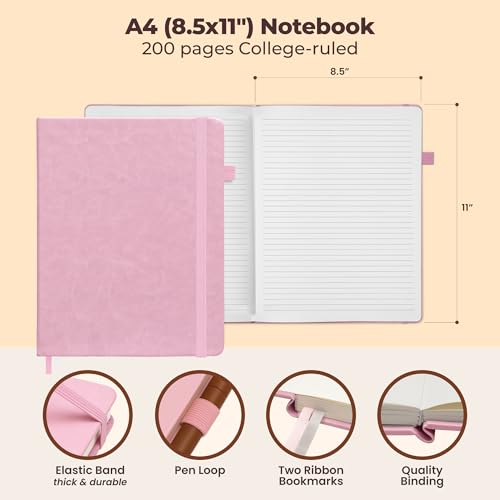 Classic Lined Journal Notebook 8.5x11" A4 Hardcover Leather - Pink Journal - color: Light Pink, size: A4 200 Pages