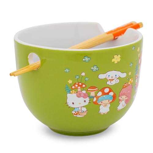 Silver Buffalo Sanrio Hello Kitty and Friends Mushroom Crew Ceramic Dinnerware Set | Includes 20-Ounce Ramen Noodle Bowl and Wooden Chopsticks | Asian Food Dish Set For Home & Kitchen