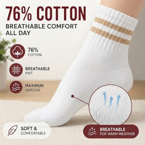 Forever Bambe Mini Crew Socks for Women 4-Pack Cushioned Bottom Retro Striped Socks - Athletic Women's Short Calf Sock - color: 6 Pack White Beige