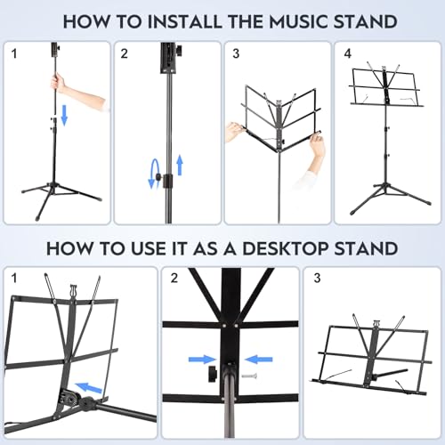 New Bee Music Stand for Sheet with Carrying Bag, Metal Sheet Music Stand Portable, Adjustable Podium Stand with Tripod Base and Sheet Music Folder - Black - color: Dark Black