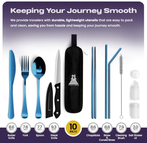 Travel Utensils With Case, 10 Pcs portable silverware set (Blue) - color: Blue, size: 10 Pieces