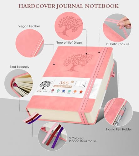 PERCUN B5 Lined Journal Notebook - 365 Page Large Leather Journals for Writing Women Men，Hardcover Notebook with 100Gsm Thick Pages，Daily Diary for Travel, Work，School，College Ruled (7.6" x 10.3") - color: Pink, size: B5