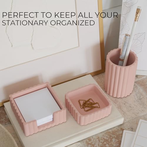 Modern Aesthetic Desk Accessories Set of 3 - Pink Concrete Organizers - color: Pink
