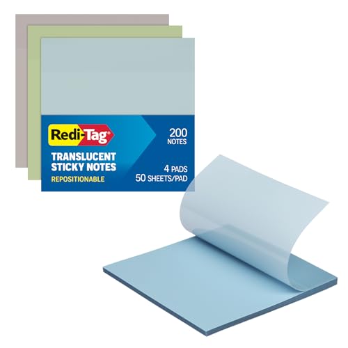 Redi-Tag Translucent Sticky Notes, Transparent Self-Stick Notes, 3" x 3", Calming Colors, 4 Pads, 50 Notes Per Pad, 200 Sheets (1006592) - color: Calming