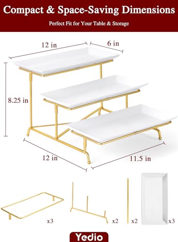 3 Tier Serving Tray Set Porcelain Tiered Serving Platters, Collapsible Sturdier Stand with Stable Cross Bars, 12 Inch Three Layer Serving for Party Entertaining Food Display Fruit Dessert - color: Gold, size: 12 Inch
