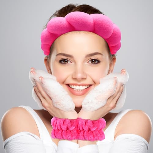Zkptops Spa Headband for Washing Face Wristband Set Sponge Makeup Skincare Terry Cloth Bubble Soft Get Ready Hairband for Women Girl Puffy Padded Headwear Non Slip Thick Hair Accessory(Hot Pink) - color: YP Hot Pink