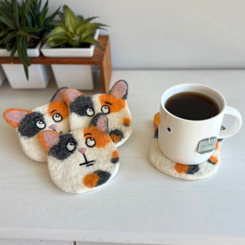 Humble Hilo Handmade Animal Felt Coaster Set of 4, Absorbent Coaster for Animal Lover (Calico Cat) - color: Calico Cat