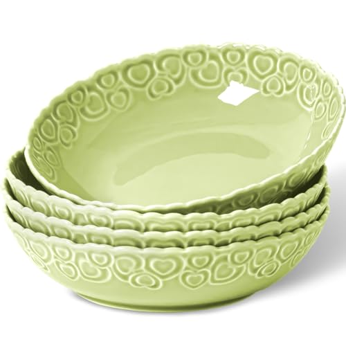 HOMBENE Heartbeat Pasta Bowls Set of 4, 40oz, Porcelain Wide and Shallow, Soup, Pasta, Noodle, Dinner, Large Salad Bowls Soup Bowl for Kitchen, Microwave & Dishwasher Safe (Mint Glow Green) - color: Mint Glow Green, size: 40oz