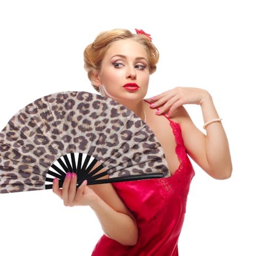 Large Folding Hand Fan for Men/Women, Rave Handheld Fan, Clack Summer Rave Handheld Fan for Disco Party, Beach, Dancing, Gift(Leopard) - color: Leopard