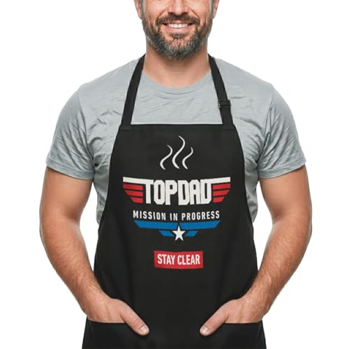Funny Cooking Apron - Dad, Mom Kitchen Chef Grilling Aprons - 2 Pockets & Long Straps - Men & Women - color: Top Dad