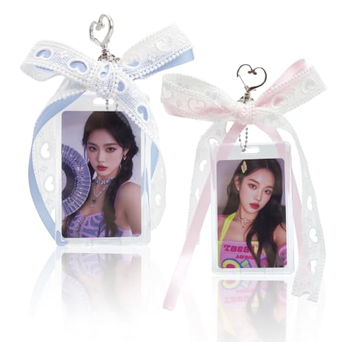 2 Pack K-pop Photocard Holder Keychain, Photo Card Holder with Ribbon Bow - color: Pink&blue