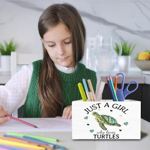 Coastal Beach Sea Turtle Pen Holder for Desk, Gifts for Turtle Lovers Pencil Organizer, Just a Girl Who Loves Turtles Wooden Box Sign Desk Decor for Home Office Decoration - color: TURTLES