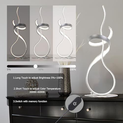 24W Modern 3Color Table Lamp with LED Spiral Design, 22“ Tall Silver Bedside Light & Nightstand Lamp, Touch Dimmable with 3 Colors & Remote Control for Bedroom, Living Room, Home Office (Silver) - color: Silver