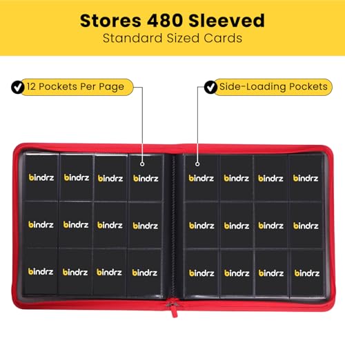 bindrz 12 Pocket Zipper Binder for 480 Sleeved Trading Cards (Red) - color: Red