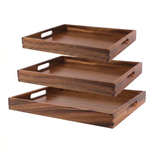 Acacia Wood Tray Set of 3, Stackable Serving Trays with Thick Base, Multi-Size Decorative Wooden Platter for Kitchen, Dining Room, Living Room, Coffee Table, Home Decor & Food Serving