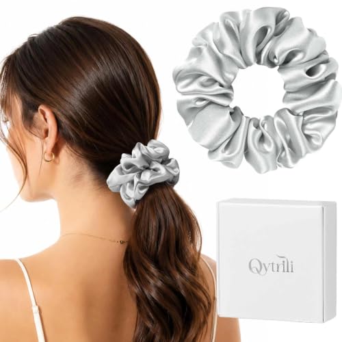 Silk Scrunchie 1.4" Medium Wide 6A 22 Momme 100% Mulberry Silk Hair Ties,Gentle on Hair No Damage No Crease for Women Girls Curly Thick Wavy Hair,Sample Fabric Provided (1, Silver Gray) - color: Silver Gray