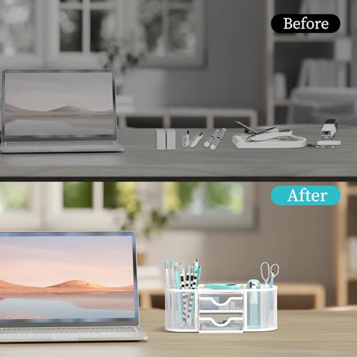 SUPEASY Mesh Desk Organizer, Pen Holder for Desk with 2 Drawers, White - color: Pearl White