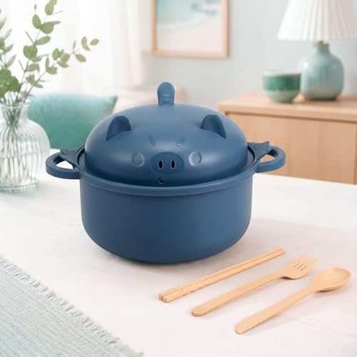 Large 45oz Cute Pig Ramen Bowl Set Microwavable Cooker, Dark Blue - color: Dark Blue