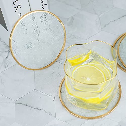 Glass Gold Coasters Set of 4, Round Cup Coaster Set with Carved Glass Stylish for Coffee Tea Wine Coasters for Bar Drink with Brass Edge Coasters Home Decor - color: Round