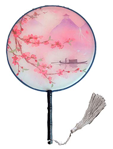 Seres Classic Round Fan,Wood Fan Rib&Semi-Transparent Silk Cloth,10+ Optional Patterns,Diameter 8.3in,团扇 (14.Boat Under Flowers) - color: 14.boat Under Flowers