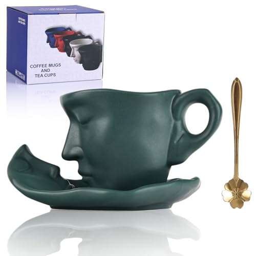 oliruim Green Coffee Cup and Saucer Set - Ceramic Unique Kissing 8.5 oz Coffee Mug Set with Spoon, Face Coffee Cup and Saucer for Valentine, Wedding, Anniversary Decor (Green) - color: Green